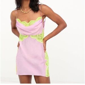 For Love and Lemons Lace Trim Slip Dress in Pink and Green